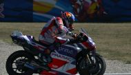 Prima Pramac Racing's Spanish rider Jorge Martin reacts as he wins the San Marino MotoGP Grand Prix at the Misano World Circuit Marco-Simoncelli in Misano Adriatico on September 10, 2023. Photo by Filippo MONTEFORTE / AFP