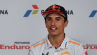 Repsol Honda MotoGP rider Marc Marquez of Spain speaks during a press conference ahead of the MotoGP Indonesian Grand Prix at the Mandalika International Circuit in Kuta Mandalika, Central Lombok, on October 12, 2023. Photo by Sonny TUMBELAKA / AFP