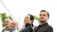 US actor Leonardo DiCaprio (R) poses with US actress Lily Gladstone (2ndR) during a photocall for the film 