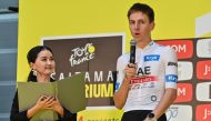 Tadej Pogacar of Slovenia (R) speaks to the crowd during an event a day ahead of the Tour de France Saitama Criterium cycling race in Saitama on November 5, 2023. Photo by Richard A. Brooks / AFP