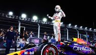 Race winner Max Verstappen of the Netherlands and Oracle Red Bull Racing celebrates in parc ferme during the F1 Grand Prix of Las Vegas at Las Vegas Strip Circuit on November 18, 2023 in Las Vegas, Nevada. Photo by Mark Thompson / GETTY IMAGES NORTH AMERICA / Getty Images via AFP