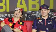 Ferrari’s Monegasque driver Charles Leclerc (left) and Red Bull Racing’s Dutch driver Max Verstappen attend a press conference in Abu Dhabi yesterday. AFP