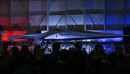 NASA's and Lockheed Martin's X-59 experimental supersonic jet is unveiled during a roll-out ceremony in Palmdale, California, on January 12, 2024. (Photo by Robyn Beck / AFP)