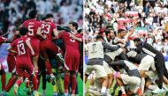 From left: Qatar players celebrate, and Iran’s players celebrate during the quarter-final match against Japan. 