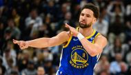 Klay Thompson #11 of the Golden State Warriors celebrates a three point shot during the second half of a game against the Utah Jazz at Delta Center on February 15, 2024 in Salt Lake City, Utah. Photo by Alex Goodlett / GETTY IMAGES NORTH AMERICA / Getty Images via AFP