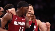 am Adebayo #13 of the Miami Heat celebrates his game winning shot with Duncan Robinson #55 to beat the Detroit Pistons 104-101 at Little Caesars Arena on March 17, 2024 in Detroit, Michigan. (Photo by Gregory Shamus / GETTY IMAGES NORTH AMERICA / Getty Images via AFP)
