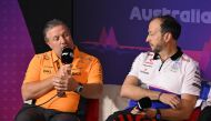 McLaren Racing CEO Zak Brown (L) and RB's CEO Peter Bayer attend a press conference after the first practice session of the Formula One Australian Grand Prix at the Albert Park Circuit in Melbourne on March 22, 2024. Photo by WILLIAM WEST / AFP