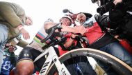 Dutch Mathieu van der Poel of Alpecin-Deceuninck reacts after winning the men's race of the 'Ronde van Vlaanderen' (Tour des Flandres) one day cycling race, 270,8 km from Antwerp to Oudenaarde, on March 31, 2024. Photo by DAVID PINTENS / Belga / AFP.