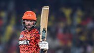 Sunrisers Hyderabad's Aiden Markram celebrates after scoring a half-century (50 runs) during the Indian Premier League (IPL) Twenty20 cricket match between Sunrisers Hyderabad and Chennai Super Kings at the Rajiv Gandhi International Stadium in Hyderabad on April 5, 2024. (Photo by Noah SEELAM / AFP)