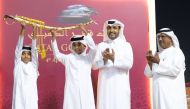 The Qatar Gold Sword was presented to H E Sheikh Abdullah bin Tamim bin Hamad Al Thani and H E Sheikh Al Qaqa bin Tamim bin Hamad Al Thani by Qatar Racing & Equestrian Club Chairman Issa bin Mohamed Al Mohannadi after Wathnan Racing’s  Abbes secured the Qatar Gold Sword for the third consecutive year. PICTURES: JUHAIM/QREC