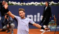Norway's Casper Ruud celebrates beating Greece's Stefanos Tsitsipas during the ATP Barcelona Open 