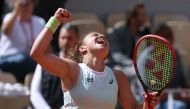 Italy's Jasmine Paolini celebrates after winning against Kazakhstan's Elena Rybakina at the end of their women's singles quarter final match on Court Philippe-Chatrier on day eleven of the French Open tennis tournament at the Roland Garros Complex in Paris on June 5, 2024. Photo by ALAIN JOCARD / AFP.