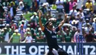 USA's Saurabh Nethralvakar celebrates winning during the ICC men's Twenty20 World Cup 2024 group A cricket match between the USA and Pakistan at the Grand Prairie Cricket Stadium in Grand Prairie, Texas, on June 6, 2024. (Photo by Andrew Caballero-Reynolds / AFP)