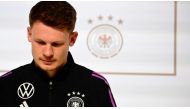 File: Goalkeeper Alexander Nuebel attending a press conference during a training camp for the German national football team ahead of Euro 2024 on May 29, 2024. (Tobias Schwarz / AFP)