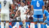 England's midfielder #04 Declan Rice looks to play a pass during the International friendly football match between England and Iceland at Wembley Stadium in London on June 7, 2024. Photo by HENRY NICHOLLS / AFP.