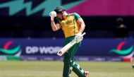  David Miller of South Africa celebrates following the team's victory in the ICC Men's T20 Cricket World Cup West Indies & USA 2024 match between Netherlands and South Africa at Nassau County International Cricket Stadium on June 08, 2024 in New York (Photo by ROBERT CIANFLONE / GETTY IMAGES NORTH AMERICA / Getty Images via AFP)
