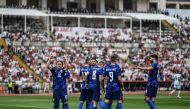 Croatia midfielder Luka Modric celebrates after scoring his team's first goal during the international friendly football match between Portugal and Croatia at Jamor stadium in Oeiras on June 8, 2024. (Photo by PATRICIA DE MELO MOREIRA / AFP)
