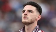 England's midfielder #04 Declan Rice lines up ahead of kick-off in the International friendly football match between England and Iceland at Wembley Stadium in London on June 7, 2024. Photo by HENRY NICHOLLS / AFP.