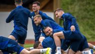 Scotland's players attend their MD-1 training session at the team's base camp in Garmisch-Partenkirchen on June 13, 2024, ahead of the UEFA Euro 2024 Football Championship. (Photo by Fabrice Coffrini / AFP)