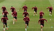 Switzerland's players take part in a MD-1 training session in Stuttgart on June 14, 2024. (Photo by Thomas Kienzle / AFP)
 