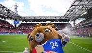 Mascot of the UEFA Euro 2024 'Albaert' poses prior to the UEFA Euro 2024 Group A football match between Hungary and Switzerland at the Cologne Stadium in Cologne on June 15, 2024. (Photo by Kirill Kudryavtsev / AFP)