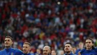 Italy's forward Gianluca Scamacca, Italy's midfielder Davide Frattesi, Italy's defender Federico Dimarco, Italy's midfielder Jorginho and Italy's defender Riccardo Calafiori sing the national anthem prior to the UEFA Euro 2024 Group B football match between Italy and Albania at the BVB Stadion in Dortmund on June 15, 2024. (Photo by FRANCK FIFE / AFP)