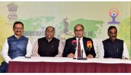 Ambassador of India to Qatar H E Vipul (second right) with other officials during a press conference in Doha yesterday.