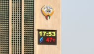 A thermometer on Kuwait's main governmental electricity control tower reads 47 degrees Celsius (116 Fahrenheit) at 17:53, in Kuwait City on June 19, 2024. (Photo by Yasser Al-Zayyat / AFP)