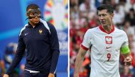 Combination pictures show France's forward #10 Kylian Mbappe (L) wearing a protective face mask and Poland's forward #09 Robert Lewandowski (R) receiving a yellow card. (Photo by Odd Andersen and Fabrice Coffrini / AFP)