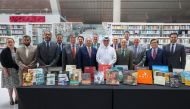 Minister of State and President of Qatar National Library H E Dr. Hamad bin Abdulaziz Al Kawari and Jose Benzaquen, Peru’s Ambassador to Qatar and Dean of the Group of Latin America and Caribbean Embassies to Qatar, along with the ambassadors of the group’s countries during the ceremony.
