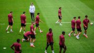 Switzerland's head coach Murat Yakin (Top L) and his players attend a MD-1 training session on June 28, 2024. (Photo by Fabrice Coffrini / AFP)
 