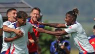 Spain’s Lamine Yamal (second left) and Nico Williams (right) along with their teammates attend a training session at the team’s base camp in Donaueschingen yesterday. AFP 