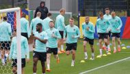 Austria team attends a MD-1 training session at their base camp in Berlin on July 1, 2024, on the eve of their UEFA Euro 2024 Football Championship Round of 16 match against Turkiye. (Photo by Odd Andersen / AFP)