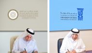 Chairman of the Al Attiyah Foundation, H E Abdullah bin Hamad Al Attiyah (left) and UDST President Dr. Salem Al Naemi signing the document. 
