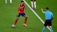 Spain's midfielder #16 Rodri reacts as French referee François Letexier points to a foul during the UEFA Euro 2024 final football match between Spain and England at the Olympiastadion in Berlin on July 14, 2024. (Photo by Tobias Schwarz / AFP)