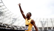 USA's Noah Lyles celebrates after winning the Men's 100m event during the IAAF Diamond League athletics meeting at the London stadium in London on July 20, 2024. (Photo by BENJAMIN CREMEL / AFP)
