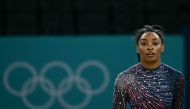 US' Simone Biles takes part in an artistic gymnastics training session at the Bercy Arena in Paris on July 25, 2024, ahead of the Paris 2024 Olympic Games. (Photo by Loic Venance / AFP)