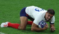 (FILES) France's full-back Melvyn Jaminet scores a try during the France 2023 Rugby World Cup Pool A match between France and New Zealand at Stade de France in Saint-Denis, on the outskirts of Paris on September 8, 2023. (Photo by Thomas SAMSON / AFP)
