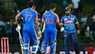 Sri Lanka's captain Charith Asalanka (R) congratulate India's captain Suryakumar Yadav (C) and Shubman Gill (L) after winning in the super over during the third and final Twenty20 international cricket match between Sri Lanka and India at Pallekele International Cricket Stadium in Kandy on July 30, 2024. (Photo by Ishara S. KODIKARA / AFP)
