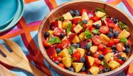 Tomato and Peach Salad. (Photo by Tom McCorkle for The Washington Post; food styling by Gina Nistico for The Washington Post)