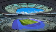 File: The new purple track at the Stade de France in Paris. (Photo by Martin Bureau/Getty Images via AFP)