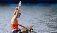 Netherlands' gold medallist Karolien Florijn reacts to winning in the women's single sculls final rowing competition at Vaires-sur-Marne Nautical Centre in Vaires-sur-Marne during the Paris 2024 Olympic Games on August 3, 2024. (Photo by Olivier MORIN / AFP)