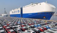 (Files) This file photo taken on January 2, 2024, shows cars waiting to be loaded onto a ship for export at the port in Yantai, in China's eastern Shandong province. (Photo by AFP)

