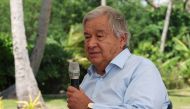 United Nations Secretary-General Antonio Guterres makes remarks during a site visit to the Ha'atafu Beach, an area affected by the volcanic eruption and tsunami in 2022, in Tongatapu on August 27, 2024. Photo by TUPOU VAIPULU / AFP