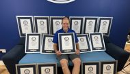 David Rush broke 15 records on June 24, 2024 at Guinness World Records headquarters in London. (Photo by Michael Whitty for The Washington Post)

