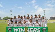 Bangladesh's players celebrate with trophy after winning the second and last Test cricket match between Pakistan and Bangladesh, at the Rawalpindi Cricket Stadium in Rawalpindi on September 3, 2024. (Photo by Aamir QURESHI / AFP)
