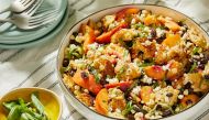 Bread Salad With Peaches, Corn and Black Beans. MUST CREDIT: Tom McCorkle for The Washington Post