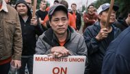 Striking Boeing workers hold rally at the Boeing Portland Facility on September 19, 2024, in Portland, Oregon. (Photo by Jordan Gale / AFP)

