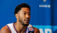 (Files) Derrick Rose speaks during a press conference on September 26, 2016 in White Plains, New York. (Photo by Eduardo Munoz Alvarez / AFP)