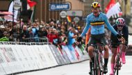 Belgium's Lotte Kopecky crosses the finish line and wins the women's Elite Road Race cycling event during the UCI 2024 Road World Championships, in Zurich, on September 28, 2024. Photo by Fabrice COFFRINI / AFP.